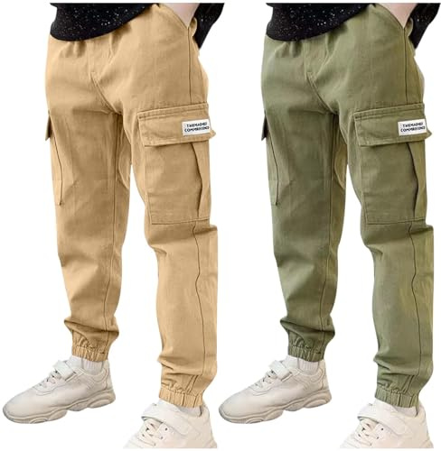 duxyoz Lot de 2 pantalons cargo pour garçon avec poches multiples, pantalons de survêtement élastiques avec taille élastique, pantalons de sport durables en coton décontracté de couleur unie