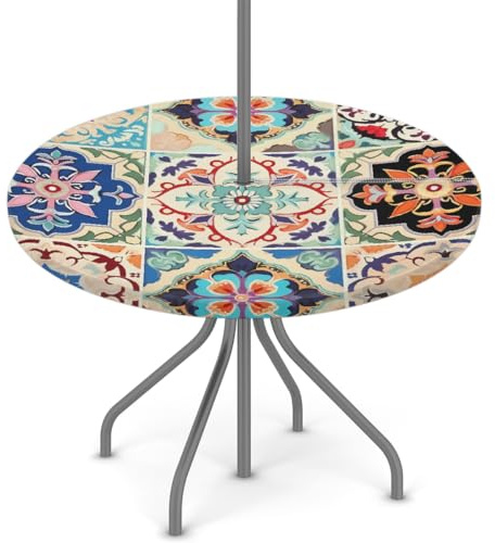 Mexpekil Outdoor-Tischdecke mit Schirmloch und Reißverschluss, bunte Boho-Keramikfliesen, wasserdicht, rund, elastisch, für Terrasse, Garten, 91,4–111,8 cm