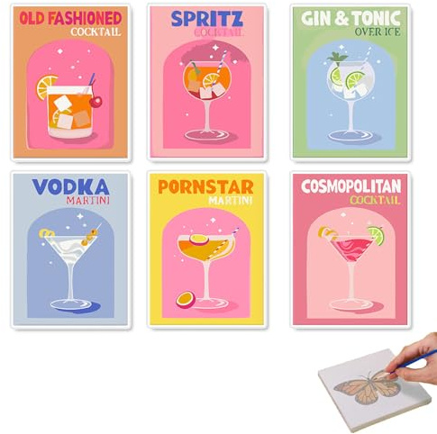 Jadyon 6 Pack Paint by Numbers Kits for Adults with Frame, Cocktail Paint by Numbers Canvas Kit with Brush, Paints und Frame, Cocktail Adult Drawing for Home Wall Decor