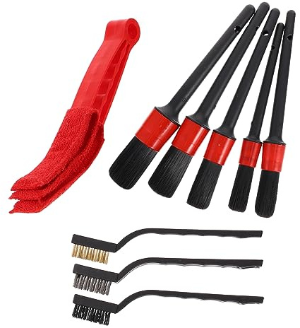 TOPBATHY Ensemble De 9 Brosses pour Détail Automobile en Poils De Porc 3 Brosses Métalliques Et 1 Brosse pour Bouches D'aération, Kit De Nettoyage Voiture Multi-usages Interior Et Exterior
