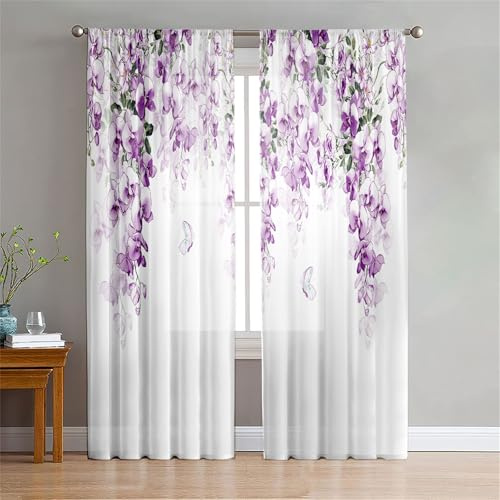 Odot Tende Soggiorno Semi Trasparenti, Stile Floreale Stampa 3D Tenda Voile con Tasca per Asta 2 Pannelli Filtranti Finestra Moderna per Camera da Letto Cucina (Fiore di glicine,107x244cm)