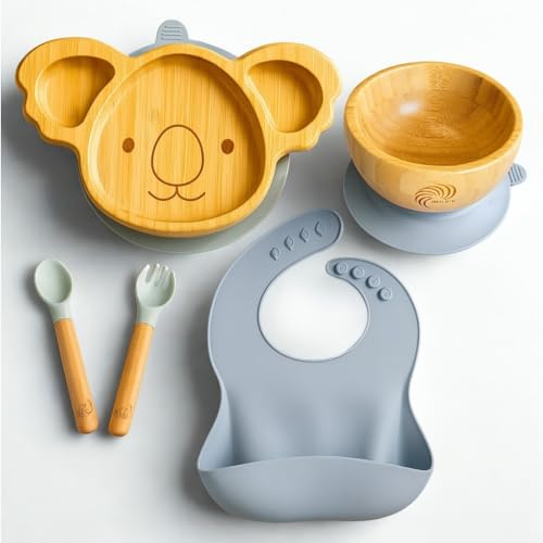 Kindergeschirr Set aus Bambus und Silikon – rutschfest, BPA-frei, umweltfreundlich, 5-teiliges Set für Babys und Kleinkinder (Koala HellGrau)