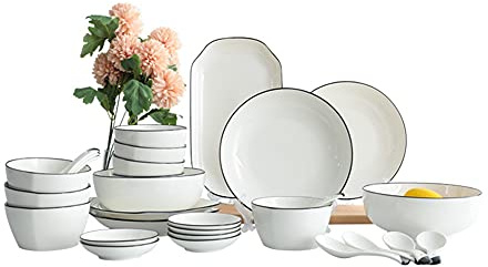 CCKUYT Juego de vajilla de cerámica de 29,56 Piezas, Platos, vajilla de cerámica, Juego de vajilla Combinado, Servicio de Porcelana para 10, Color Negro Penh Tablew