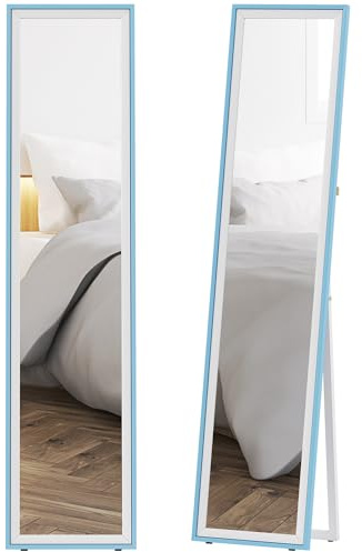HOMCOM Espejo de Pie Cuerpo Entero 157x37 cm, Espejo Grande de Pared con Marco Bicolor, de Pie, Inclinado o Colgante, para Salón, Dormitorio, Pasillo, Entrada, Blanco y Azul