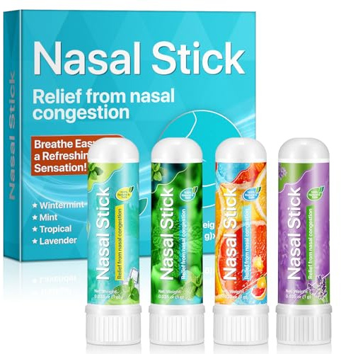 Lot de 4 bâtonnets nasaux naturels - Soulage rapidement la congestion nasale - Améliore la respiration et augmente la concentration - Effet frais - Idéal pour le travail, les études et les voyages