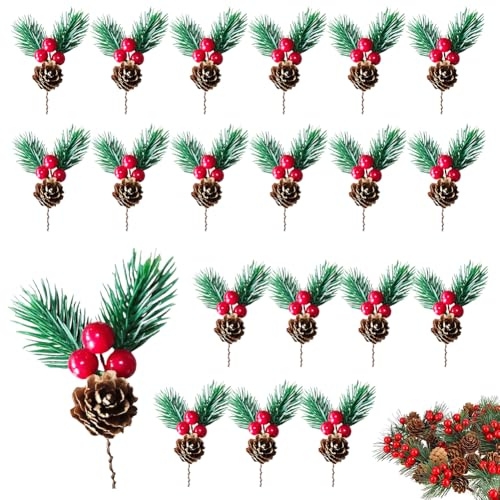 CDLIZW 20 Pezzi di Bacche di Natale Artificiali,Simulazione di Natale Aghi di Pino Piccole Bacche Pigne,Rami di Pino Artificiale di Natales,Rami Decorativi per Ghirlande e Composizioni