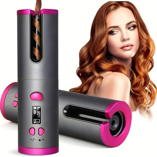 Wireless Auto Hair Curler with Timer Temperature and Adjustable, Portable Rechargeable Rotating Fast Heating Hair Wand for Style, Auto Shut-Off Automatic Cordless Curling Iron with LCD Display(Gray)