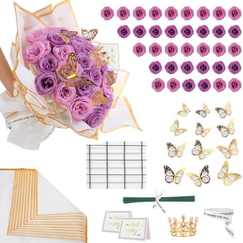 36 Pcs Glitter Roses Bouquet,Valentine's Day Artificial Rose Flower Bouquet | DIY Fake Glitter Bouquets with Crown,Butterflies for Gifts Wedding Anniversary Engagement Birthday,Mother's Day,Purple