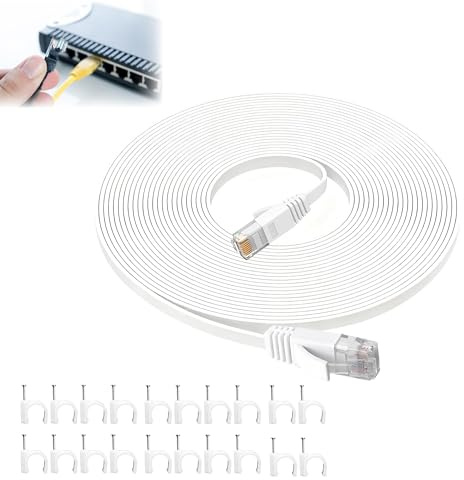 Manyugo 1PCS Internet Cable Cat6 Ethernet Cable, 20m White Network Cable | High Speed, Flat Cable, RJ45 Connector, for Router/Console/PS/Switch/PC/TV/Printer