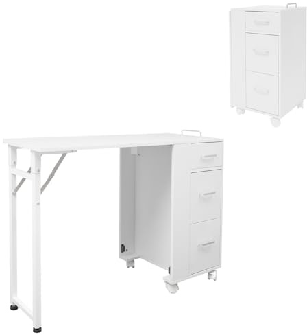 HUOMMGS Professionell kosmetisk väska Trolley 2-i-1 sminkväska med bord multifunktionell manikyrbord bärbart nagelbord skrivbord med lådor 104 x 38 cm datorbord, Vit, 104*38*75 cm/40,94*14,96*29,53