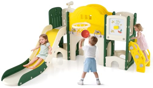 COSTWAY 10 en 1 Toboggan Enfant en HDPE avec Panier de Basket, Télescope, Tableau Magnétique, Aire de Jeux Intérieure avec Allée et Échelle, Rangement et Accessoires pour Tout-Petits de 3+ Ans