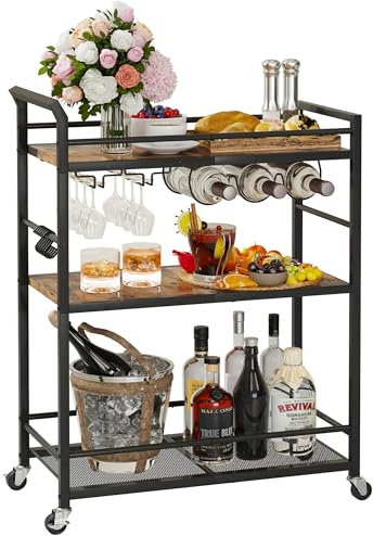 YAUKTAK Chariot de Bar Desserte pour Boissons Chariot de Service à 3 Niveaux sur roulettes Chariot de Cuisine Roulant pour La Fête à la Maison Brun Rustique GBC507RDE