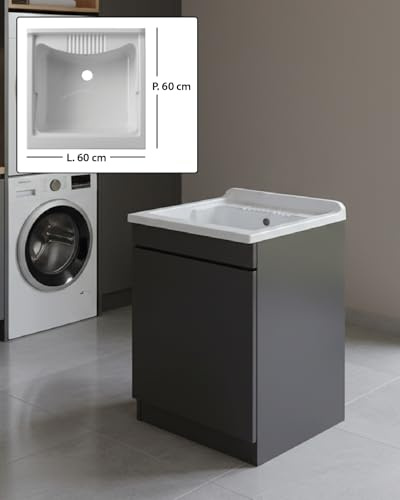 Delmar Mobile Lavatoio Legno Nobilitato Grigio, 45x50 45x60 50x50 60x45 60x50 60x60 75x60 80x50, H85 cm, Con Lavabo Pilozzo Resina, Made in Italy, Già Montato x Bagno Lavanderia (L. 60 x P. 60 cm)