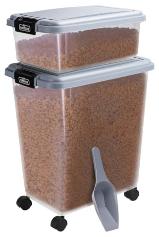 Nobleza Contenedor de Comida para Mascotas 10L+40L， Caja Hermética Transparente con Ruedas， Tapa Abatible y Pala para Alimento de Perros y Gatos， Gris