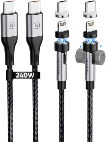Kuulaa 2-in-1 USB-C Magnetladekabel, 240W Ladekabel USB-C und Lightning, PD 3.1 Schnellladekabel, Magnet Ladekabel USB C Kabel für iPhone 17/Air/16/15 Serie, MacBook Pro/Air, iPad Pro, Galaxy S25 usw