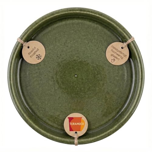 Teramico Plato para plantas de cerámica esmaltada, resistente a las heladas y al invierno, también como bebedero para pájaros, bonito diseño (verde musgo, 30 cm)