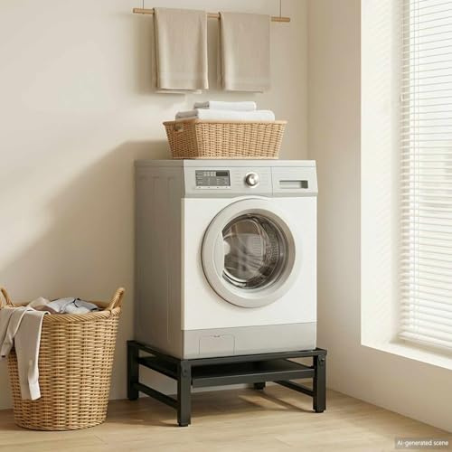 Kaloriko Pedestal de lavadora negro 62 x 60,5 x 32,5 cm de acero con patas ajustables para lavandería, baño, sótano, antideslizante, duradero, amortiguador de vibraciones, montaje práctico