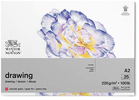 Winsor & Newton 6689743 Zeichenpapier im Block - 25 Blatt A2, 220g/m², feine Körnung, natürliches Weiß, säurefrei in archivierbarer Qualität, Alterungsbeständig für Fineliner, Tusche, Buntstift