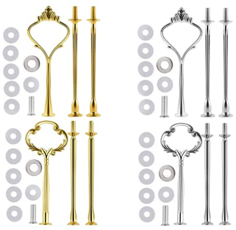 4 Sets of 3 Tier Cake Plate Stand Handle Hardware, Cake Fruit Food Plate Stand Handle Fitting Hardware Rod Holder - Vintage Sunflower+Crown Fittings(Golden+Siver)