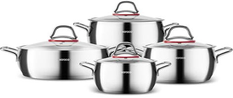 Karaca Emirgan - Set di 8 pentole in acciaio inox, 4 pentole con 4 coperchi in vetro, senza PFOA, antigraffio, lavabili in lavastoviglie e a induzione, colore: rosso argento