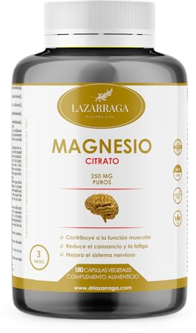 Lazarraga Citrato de Magnesio 250mg puros de Magnesio elemental | Disminuye el cansancio y la fatiga, mejora el funcionamiento del sistema nervioso y músculos | 180 cápsulas Veganas