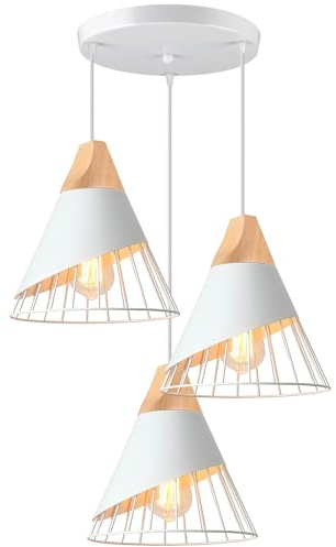 TOKIUS 3-flammig Pendelleuchte Vintage Industrielle Hängelampe mit Holz Retro Deckenlampe E27 Hängeleuchte für Esszimmer Küche Schlafzimmer, 25cm (Weiß, Typ A)