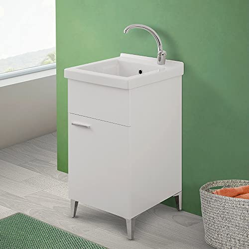 Mobile lavatoio Lavanderia 45x50 cm in Legno con Vasca in Ceramica, Montato, Completo di Kit sifone e piletta (Bianco)