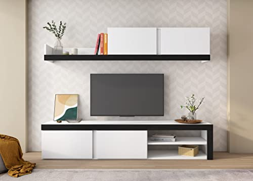 Skraut Home - Soggiorno IDEM Bianco - Set di mobili - Parete attrezzata - Porta TV - Set da pranzo, soggiorno bianco/nero - Contenitore moderno 200 x 180 x 40 cm