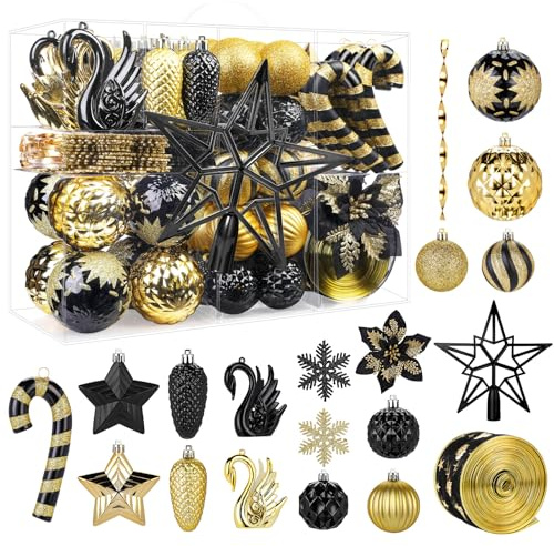 Alupssuc 128 Pezzi Palline di Natale Ornamenti Set, Decorazioni per Albero di Natale Infrangibili Palline, Fiori di Natale, Nastro, Puntale per Albero di Natale Festa di Nozze con Ganci,Nero & Oro