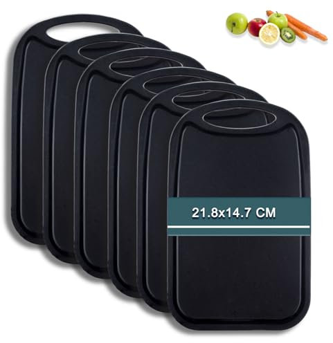 Frühstücksbrettchen 6er Set mit Saftrille，Hunnycook 22x15 cm Antibakteriell Schneidebrett Kunststoff rutschfest BPA frei, Kleines schwarzes Frühstücksbrettchen Kunststoff, Spülmaschinenfest