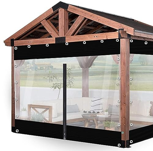 KGUDYS Outdoor Balkonvorhänge, Aus Wasserdichter PVC-Vinyl-Plane, Mit Schwarzen Transparenten Planenseitenwänden,Wasserdicht,Winddicht,Uv Schutz,Anti-Aging Thermische Vorhänge,LxW-5.6x2.7m/18.4x8.8ft