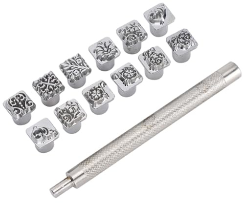 Metallstempelwerkzeug für Leder, 12pcs Diy Zinklegierung Leder Stanzwerkzeug Blumenmuster Pflanze Stampers Sattel Making Tool Mit 1 STK Griff für Prägung Metall Holz Kunststoff Handwerk