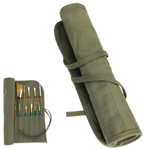 22-Slot Paint Brush Storage Roll Canvas Pouch, Artist Brush Holder Roll Up Bag for Watercolor Gouache (Army Green)