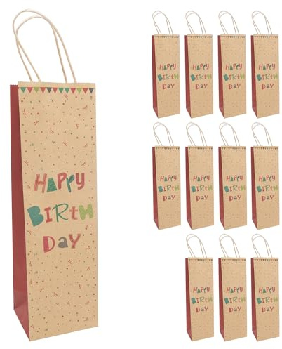 Idena 30397-12 - Flaschentaschen Happy Birthday, 12 Stück, Geschenktüten in der Größe 12 x 10 x 39 cm, Papiertüten zum Geburtstag