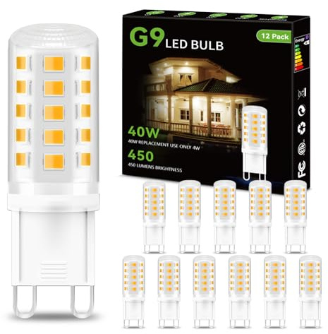 dalattin 12 Pack G9 LED Bulb 4W Equivalent 40 Watt,3000K Soft Warm White, Replacement T4 G9 Halogen Bulb,450LM, 360°Beam Angle, Non-Dimmable, Small G 9 Bi-pin Base for Chandelier