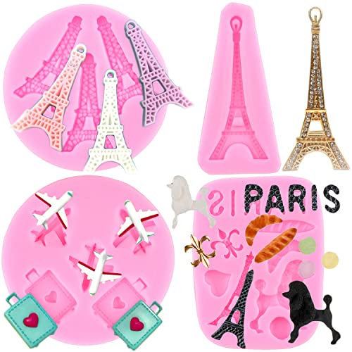 RFGHAC Mini Size I Love Paris Fondant Moulds Eiffel Tower Poodle Silicone Fondant Mould Airplane Luggage Candy Mould for Cake Decorating Sugar Craft Gum Paste Chocolate Polymer Clay Resin Set of 4