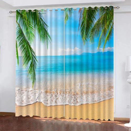 GIOVIA 3D Palmenblätter Vorhänge Abdunkelnde Tropisch Strand Kindervorhänge Vorhang mit ösen 2er Set Gardinen Blickdicht Verdunkelungs für Kinderzimmer Schlafzimmer Wohnzimmer B 150 X H 166 cm