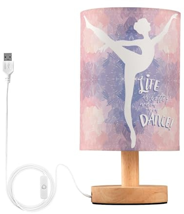 YYZZH Table Lamp Ballerina Girl Ballet Quote Life is Better When You Dance Nightstand Lamp with Wood Base Fabric Lamp Shade Bedside Desk Lamp for Living Room Bedroom Kids Room Office