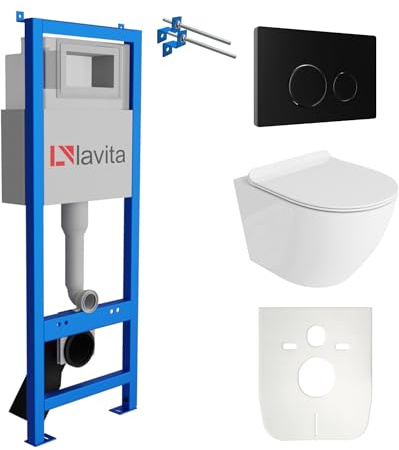 Lavita LAV 101 Vorwandelement für WC 40cm + Wand Hänge Tiefspül WC SOFI SLIM Weiß Spülrandlos + Bedienplatte LAV 200.4.4 Schwarz | Komplettset | Unterputz Spülkasten | Toilette Komplett Sett