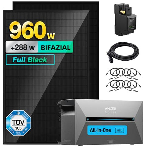 ALLDREI Balkonkraftwerk mit Speicher 2 Pro, Solarbank E1600Pro All in One Stromspeicher 1,6kWh mit Wechselrichter, Komplettset mit 2x440W Bifazialer Solarpanel & Smarten Zähler