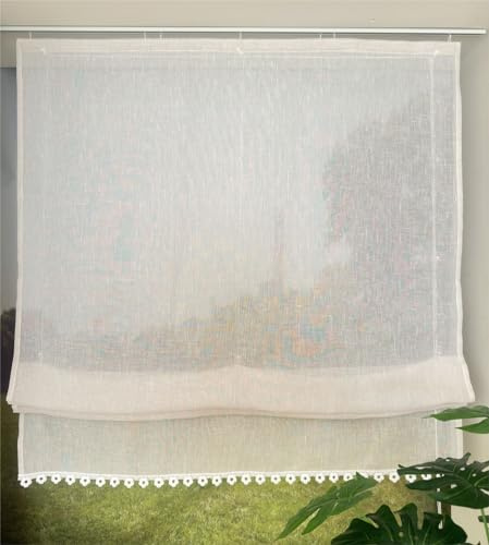 Vordesack Leinenoptik Raffrollo mit Blumenborte Klettband Sand HxB 140x70cm | Unifarbige Raffgardine mit Klettverschluss Faltrollo Halbtransparenter Faltvorhang für Küche, Wohnzimmer & Café 1 Stück