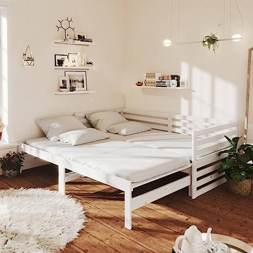 THOYTOUI Tagesbett Ausziehbar, Bettrahmen Polsterbett Tagesbett Betten Geeignet für Schlafzimmer Wohnung Gästezimmer Hotel Weiß Kiefer Massivholz 2X(90x200) cm