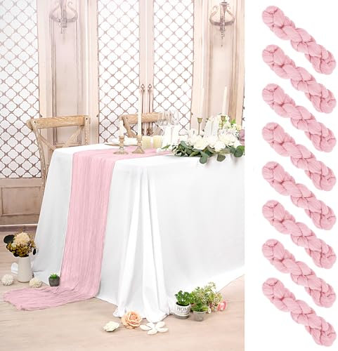 8 Stück Käsetuch Hellrosa, 90 x 300 cm Rustikaler Gaze Stoff Boho Seihtuch-Tischläufer Hochzeit Tischdecke für Hochzeit, Party, Bankett Dekoration