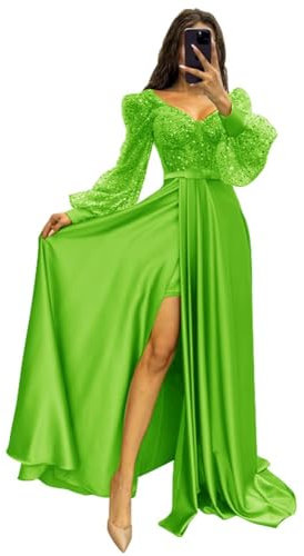 Vestidos De Fiesta De Lentejuelas De Manga Larga con Cuello En V Y Abertura para Mujer Vestidos De Fiesta De Noche Formales Vestidos De Princesa con Mangas Hinchadas Lime Green 6XL