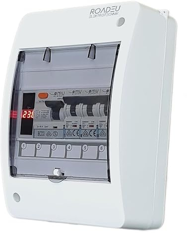 RoadEu - Coffret Electrique Etanche, Boîte à Disjoncteurs - Tableau Électrique Équipé - Indicateur Numérique, Interrupteur Différentiel et de Disjoncteurs, 2x 16A 1x 10A C.