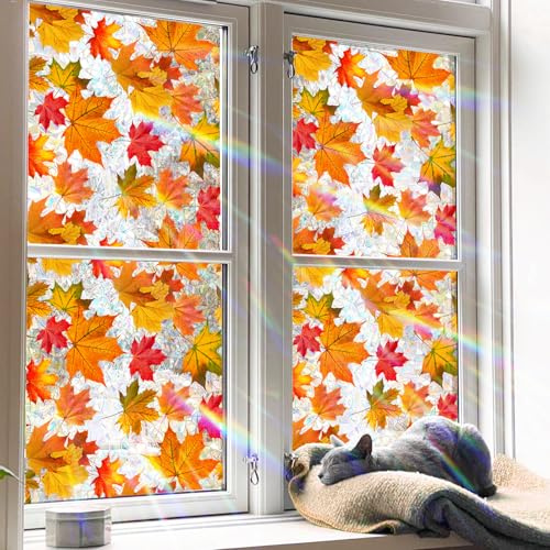 Tanlaby Foglie Autunnali Vetrofanie Pellicola per Finestre Piante Arcobaleno Autoadesive Pellicola Privacy Autunno Statici Anti-Collisione Finestra Vetro Porte Decalcomanie, 45x100cm
