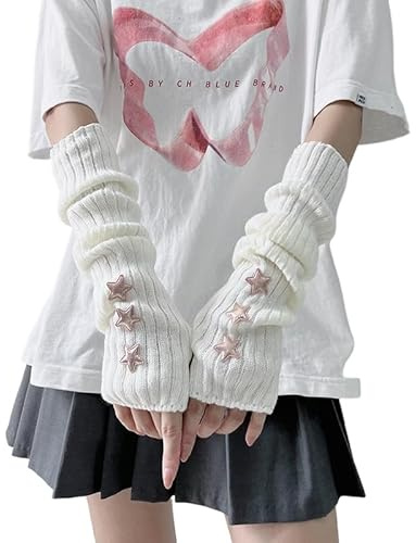 Y2K Coquette Stars Arm Warmers Cute Knit Fingerless Gloves Gyaru Harajuke Lolita Arm Covers w/Thumb Hole Arm Sleeve (White,Free Size)