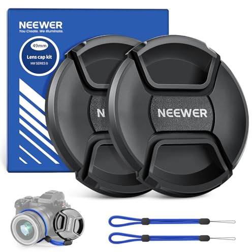 NEEWER Lot de 2 Capuchons d'objectif de 49mm avec Sangle Anti-Perte et Chiffon de Nettoyage, compatibles avec Canon, Nikon, Sony, Fujifilm, Panasonic Objectif d'appareil Photo de 49mm de diamètre