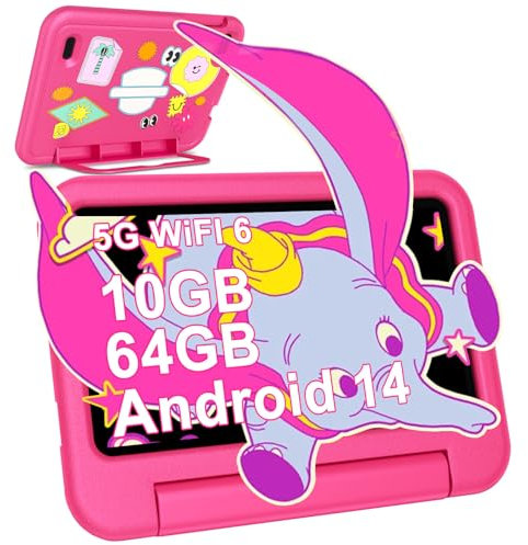 Tablet per Bambini Andorid 14 Tablets 7 Pollici 10GB RAM + 64GB ROM (TF 1TB), 5G WiFi 6, BT5.0, Octa-Core, Controllo Parentale | Doppia Fotocamera | GMS Certificated | GPS | Tablet con Custodia - Rosa