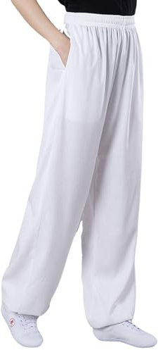 Cotton Linen Women Men Tai Chi Pants Soft Kung Fu Pant with Pockets Martial Arts Yoga Casual Trousers (White, S)